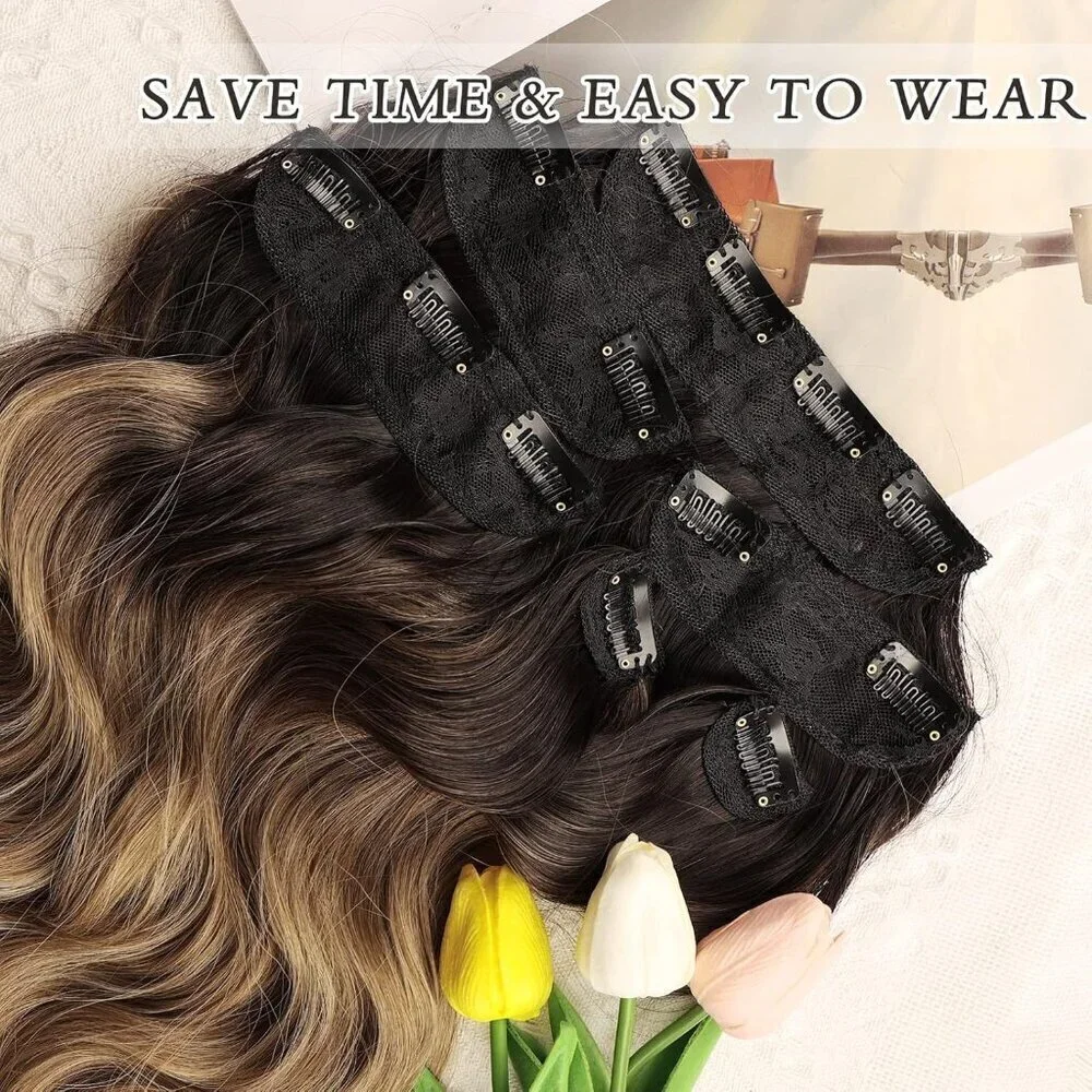 Clip in Hair Extensions for Women 20 Inch Long Wavy Curly Ombre Brown to Blonde